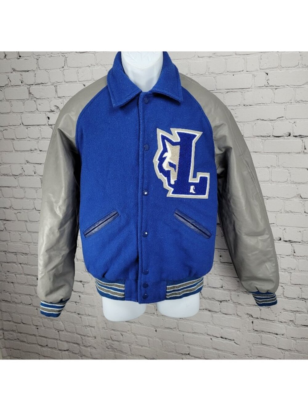 Centex Blue Grey Melton Wool Varsity Letterman School Snap Jacket Small S *glue